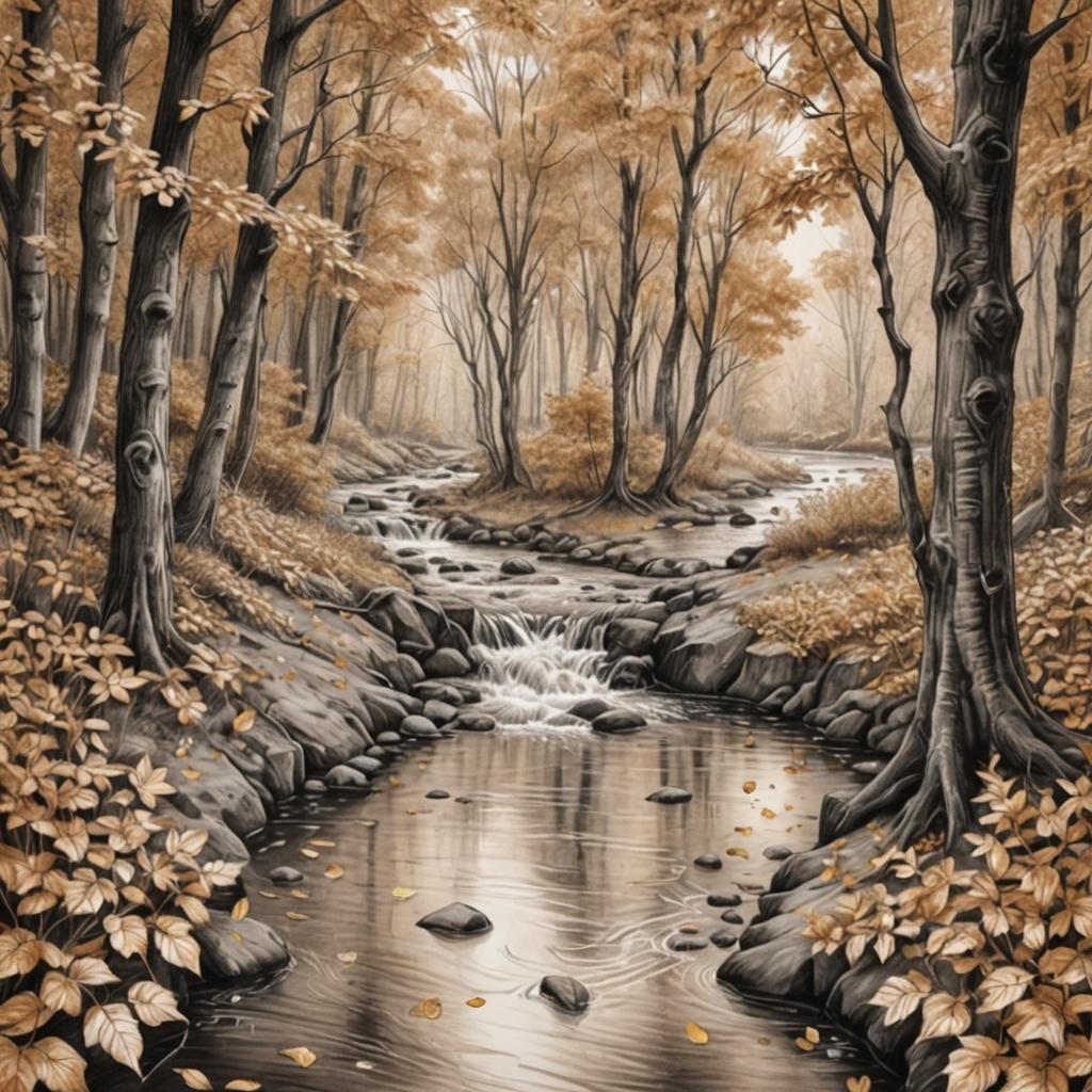 Monochromatic Pencil Sketch of a Delicate Stream