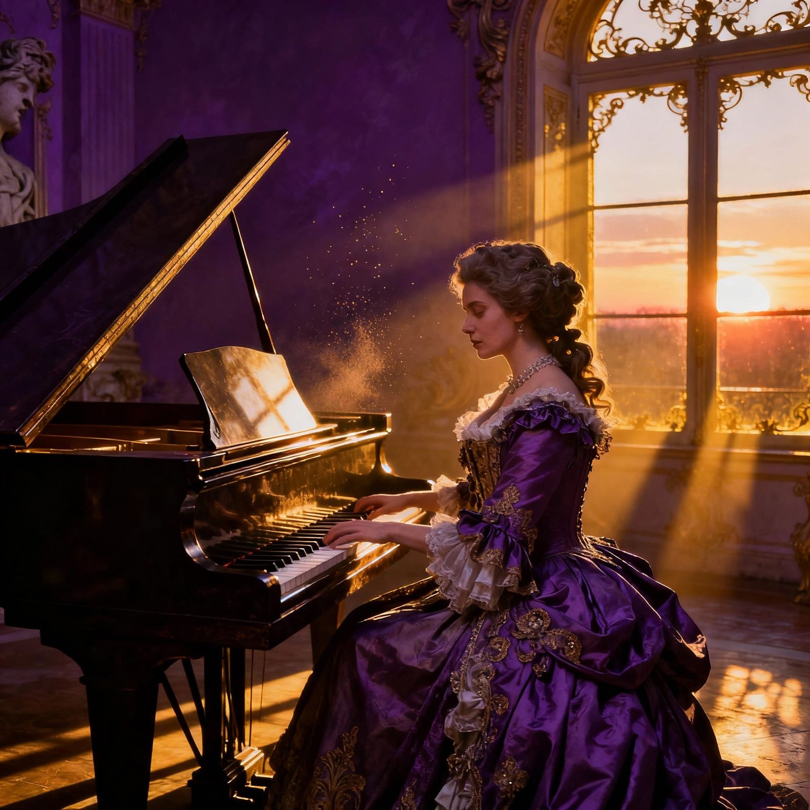 Baroque Pianist in Dramatic Sunset Light