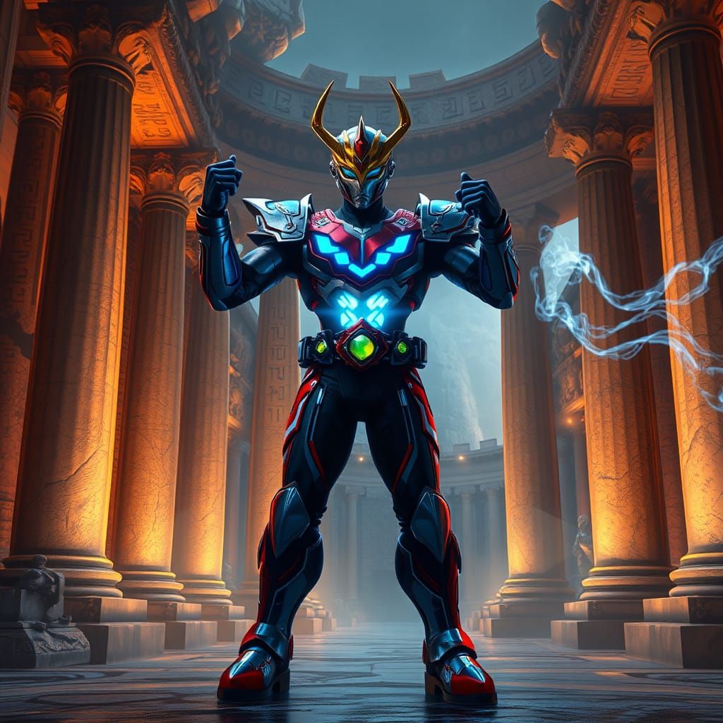 Heroic Kamen Rider in Ancient Greek Cityscape