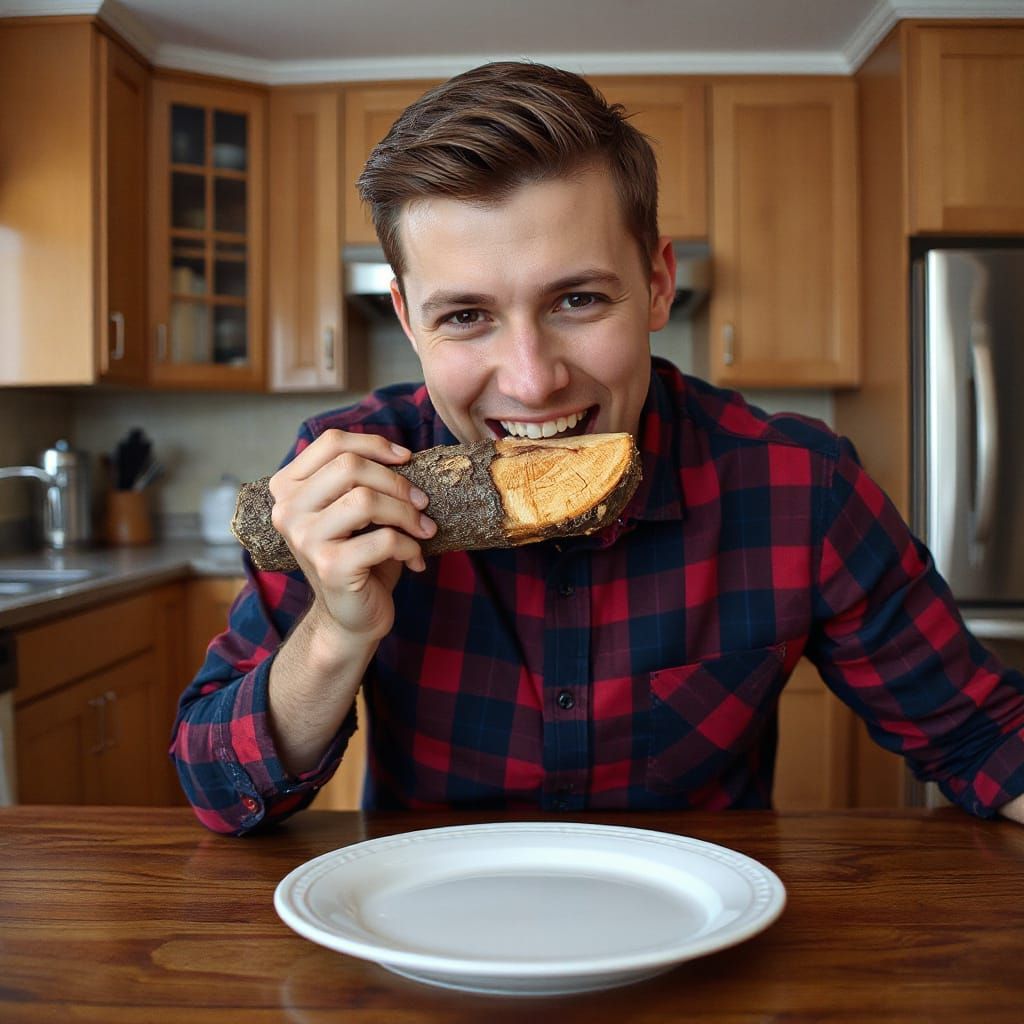 Hyperrealistic Man Bites Log in Kitchen Scene