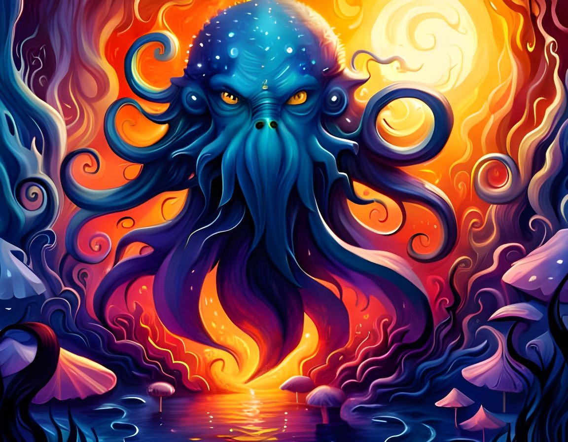 Epic Cthulhu Emerges from Water, Detailed Illustration