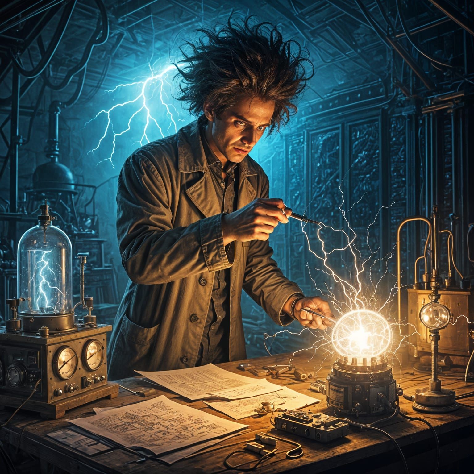 Mad Scientist in His Studio Ignites Electricity