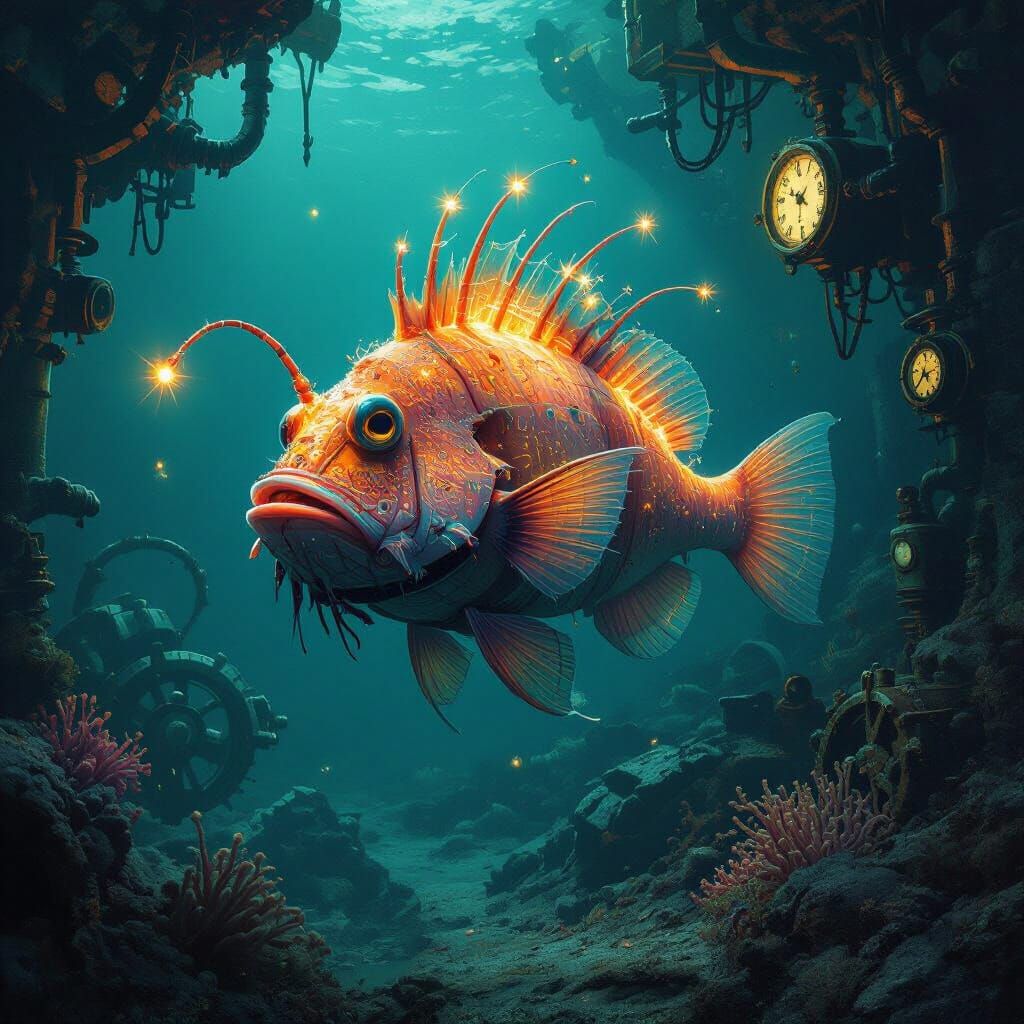 Bioluminescent Anglerfish in Sunken Steampunk Factory
