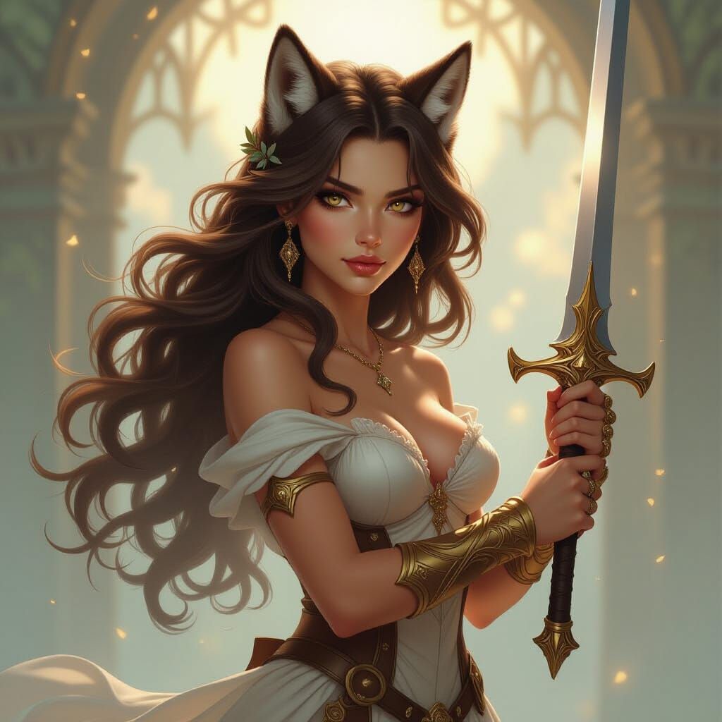 Fantasy Nymph Warrior with Wolf Eyes and Gleaming Sword