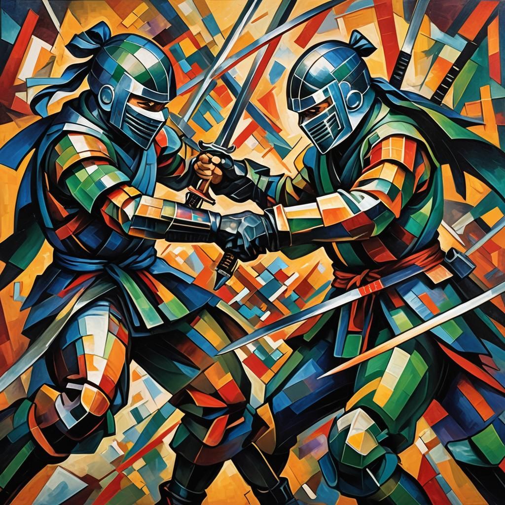 Dynamic Ninja Sword Fight in Cubist Geometric Style