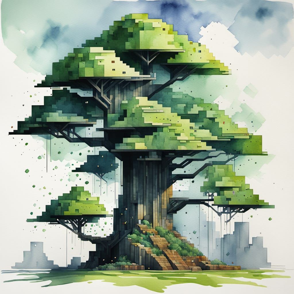 Watercolor Brutalist Minecraft Tree Architecture
