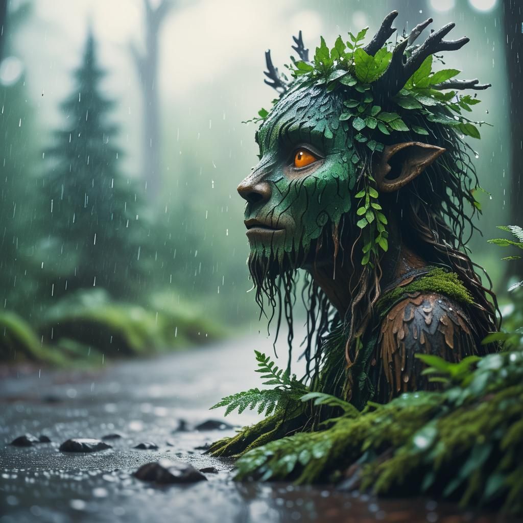 Mystical Forest Spirit in the Rain