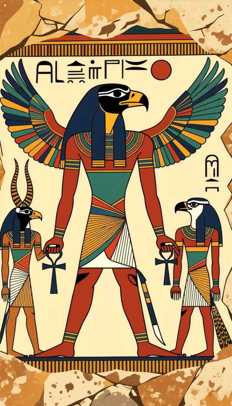 Falcon-Headed Deity in Prehistoric Cave Art Style