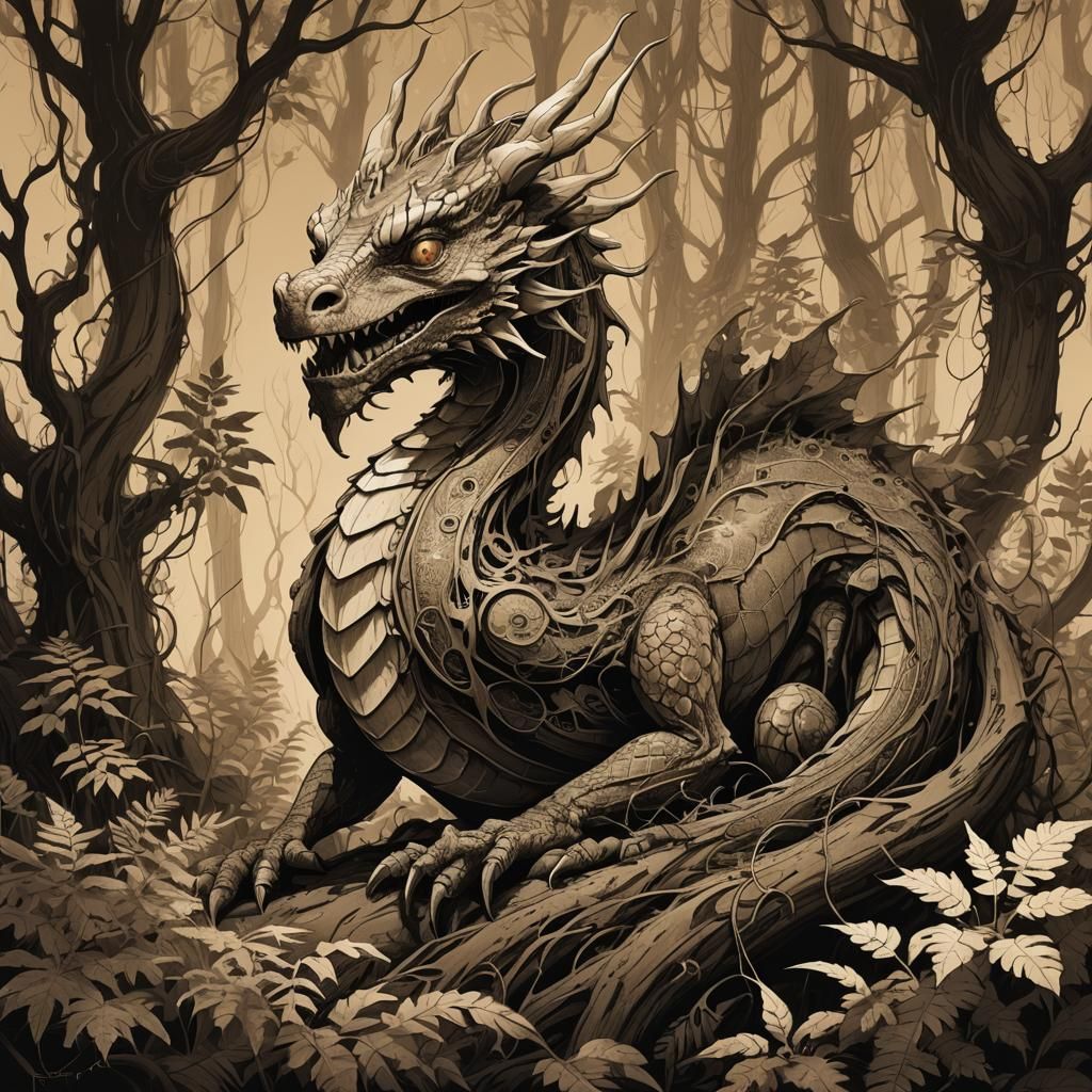 Miniature Forest Dragon Sepia Sketch