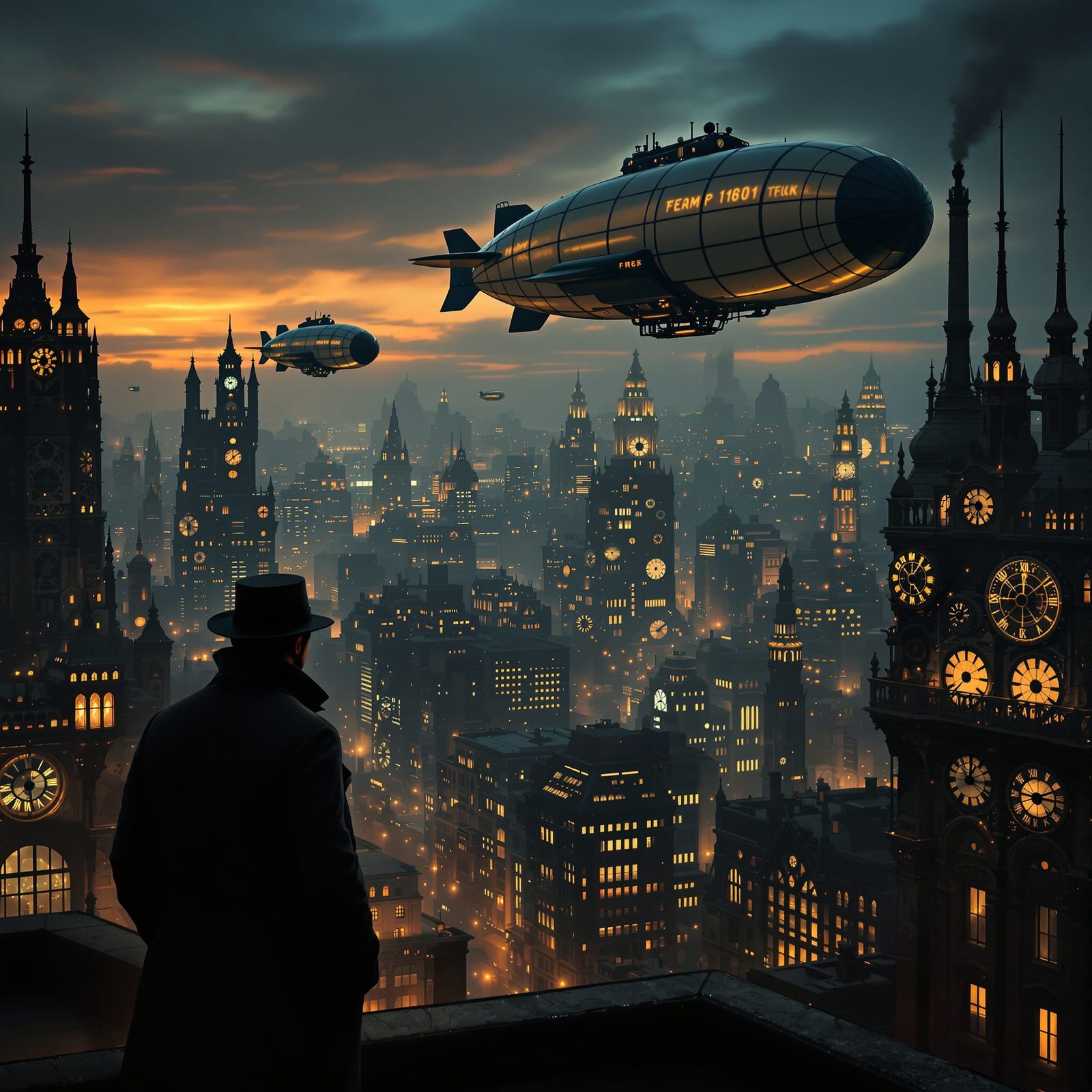 Anachronistic Cityscape at Dusk with Dirigibles and Clockwor...