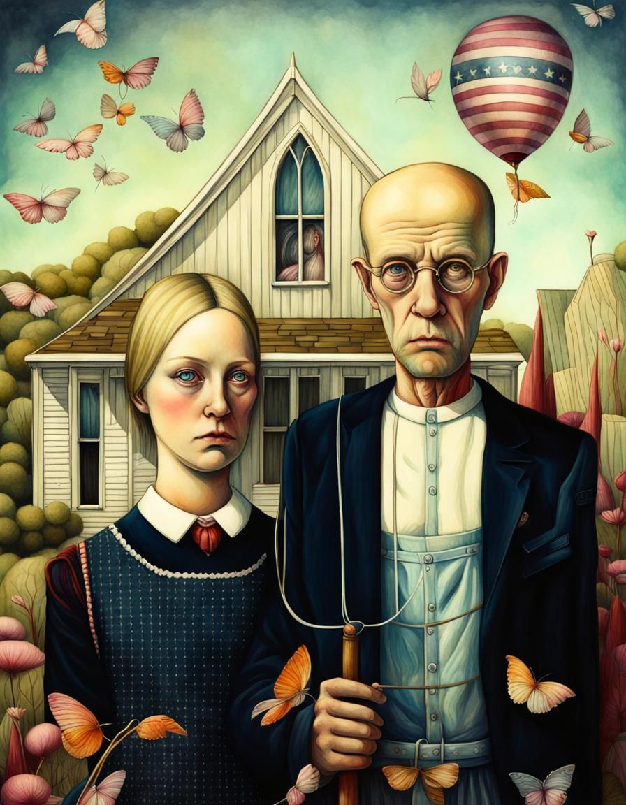 Surreal Colorful Ink Gothic Painting of American Gothic