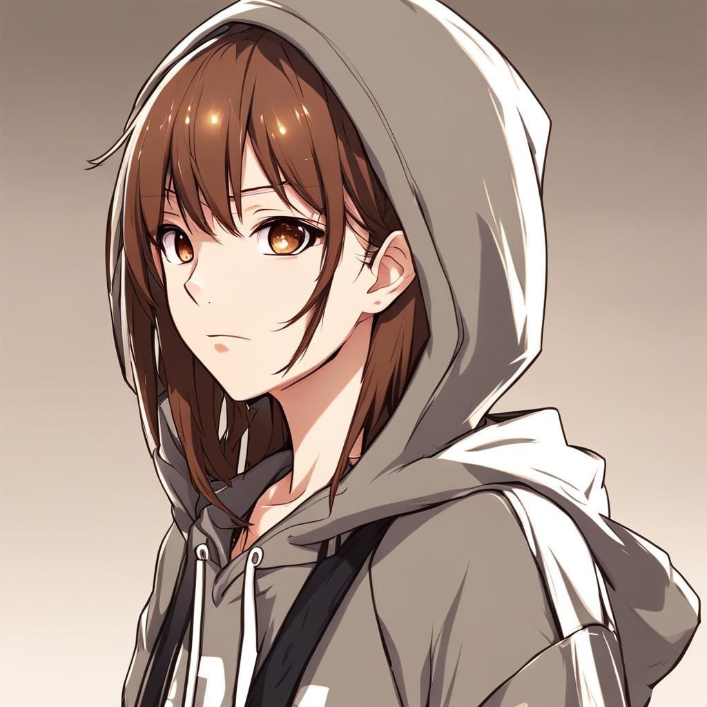 Anime Girl with Brown Hair in Hoodie