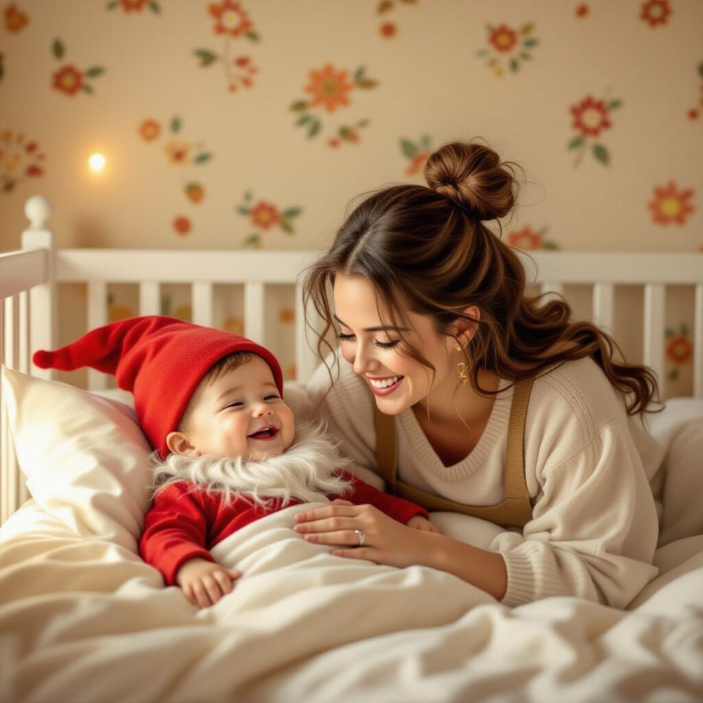 Joyful Gnome Baby Laughs at Mother in Warm Nursery