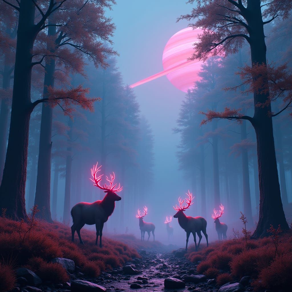 Cyberpunk Forest with Glowing Reindeer and Saturn