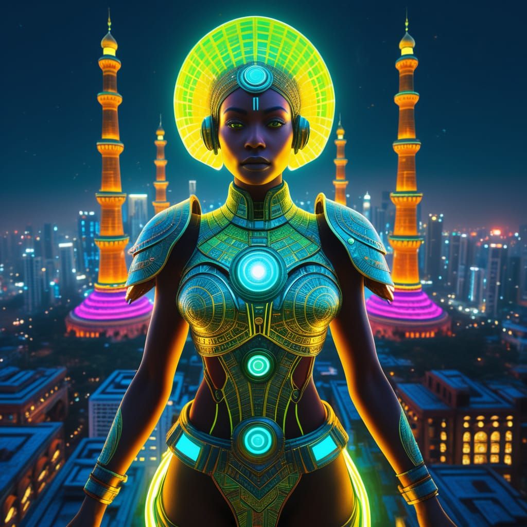 Cosmic Goddess Emerges in Futuristic Metropolis