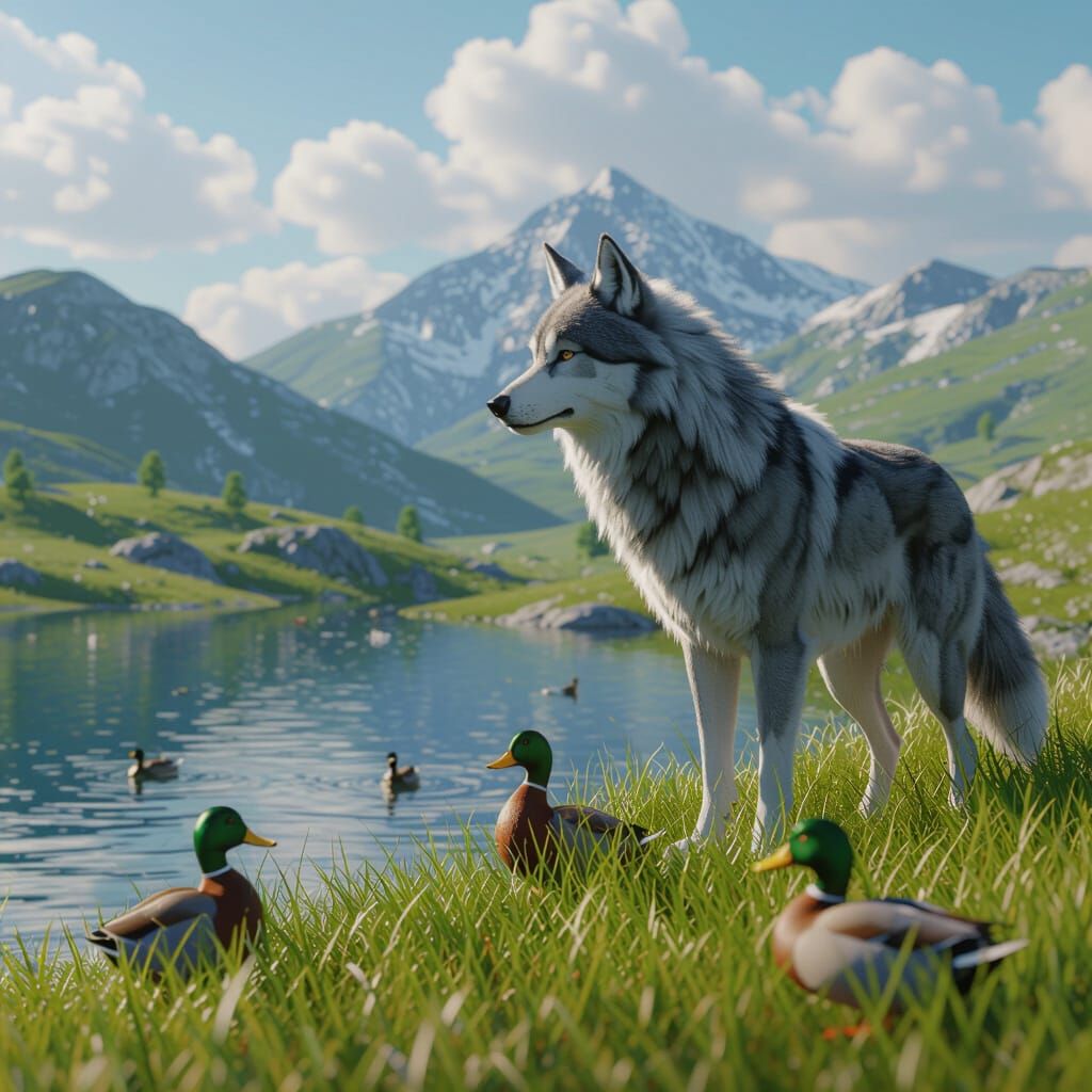 Majestic Wolf Gazing at Lake in Anime Style