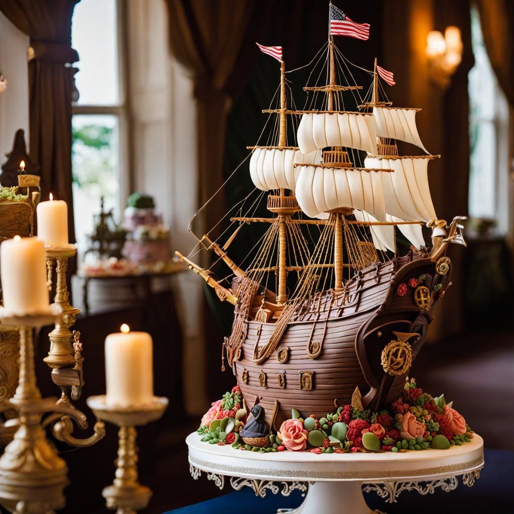 Intricate Pirate Ship Wedding Cake in Pastel Colors
