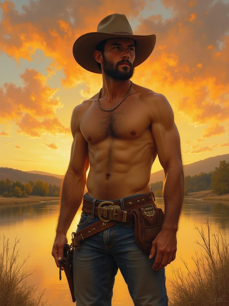Cowboy Basks in Sunset Glow