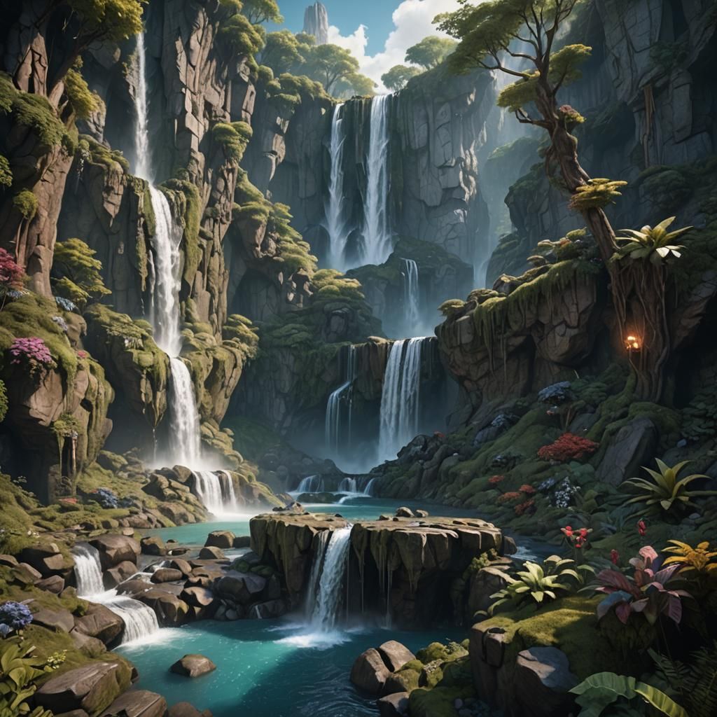 Fantastical Waterfall in Detailed Matte Painting