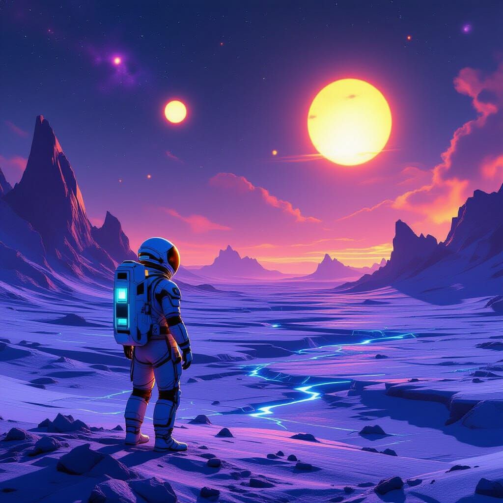 Astronaut on Alien Crystal Desert with Two Suns
