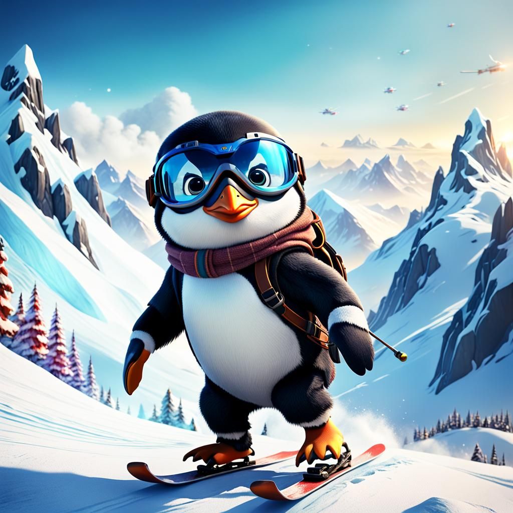 Penguin Skier in Detailed Matte Painting