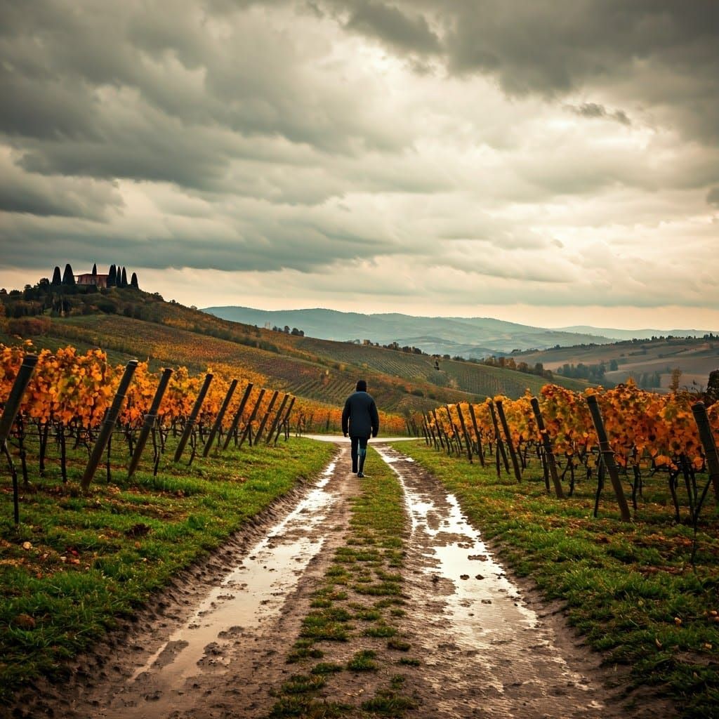 Italian Vineyard Walk on Bleak Autumn Day