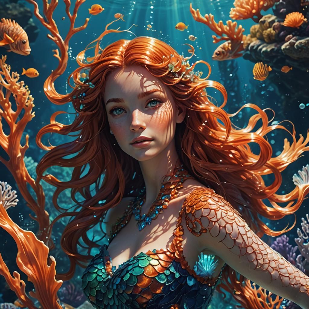 Auburn Mermaid Swimming in Coral Reef: Fantasy Art