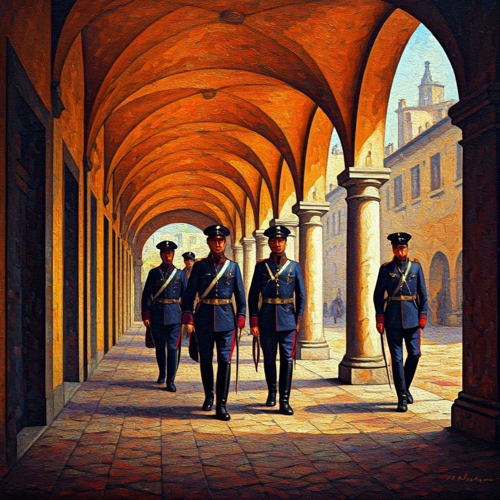 Italian Carabinieri in Renaissance Arcades, Pointillist Oil ...