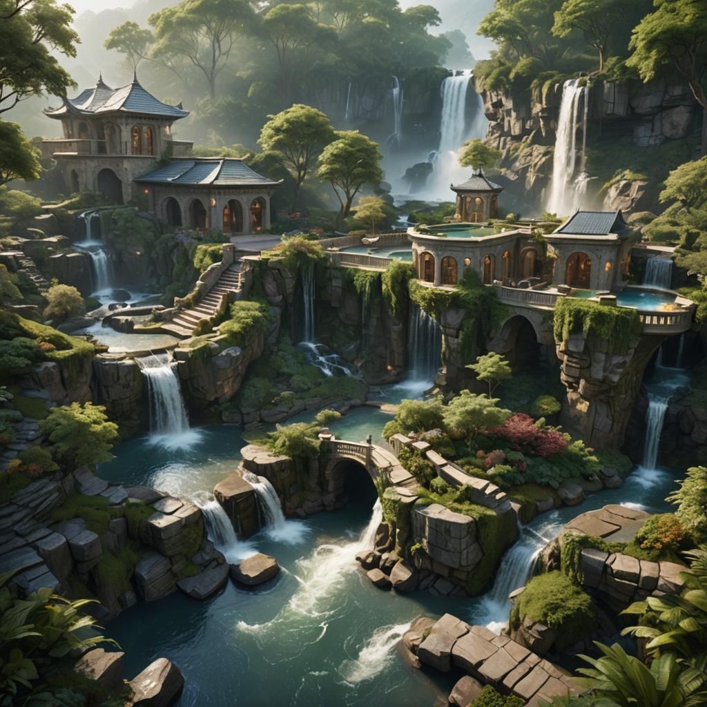 Luxury Estate with Waterfalls: Digital Matte Painting