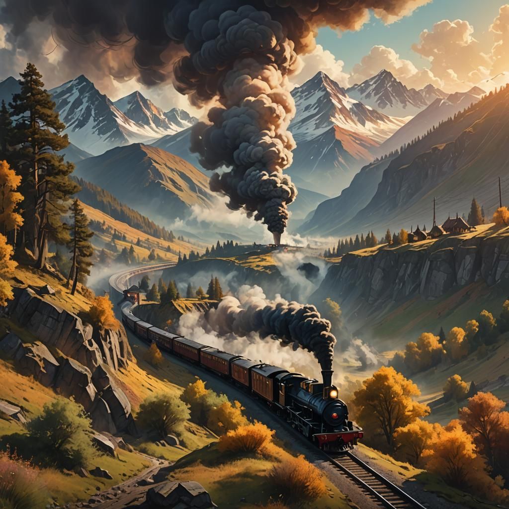 19th Century Train in Landscape, Oil Painting Style