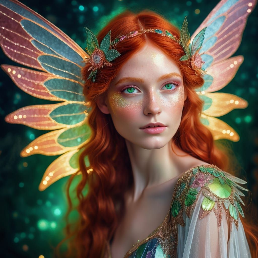 A captivating digital portrait of a celestial fairy with vib...