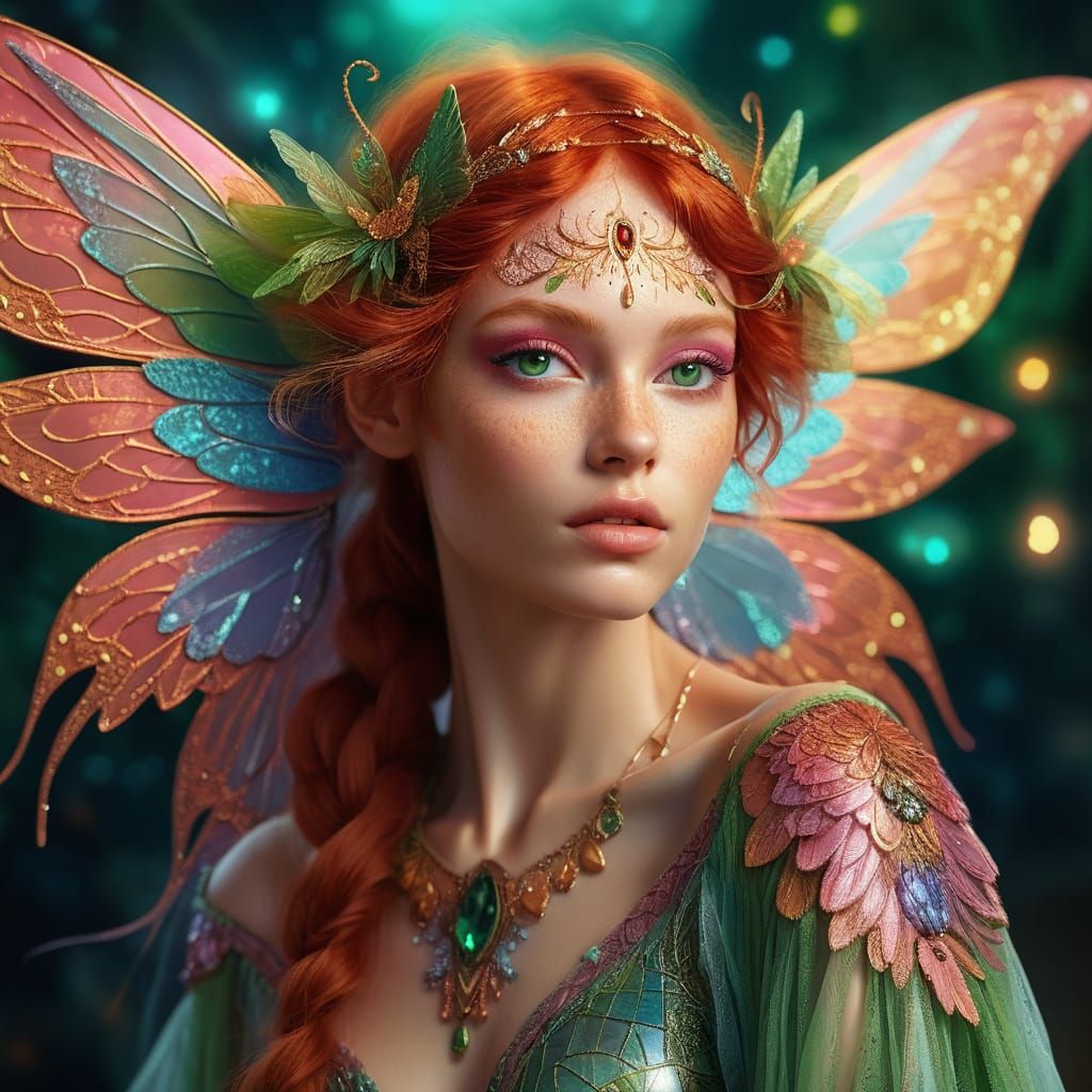 A captivating digital portrait of a celestial fairy with vib...