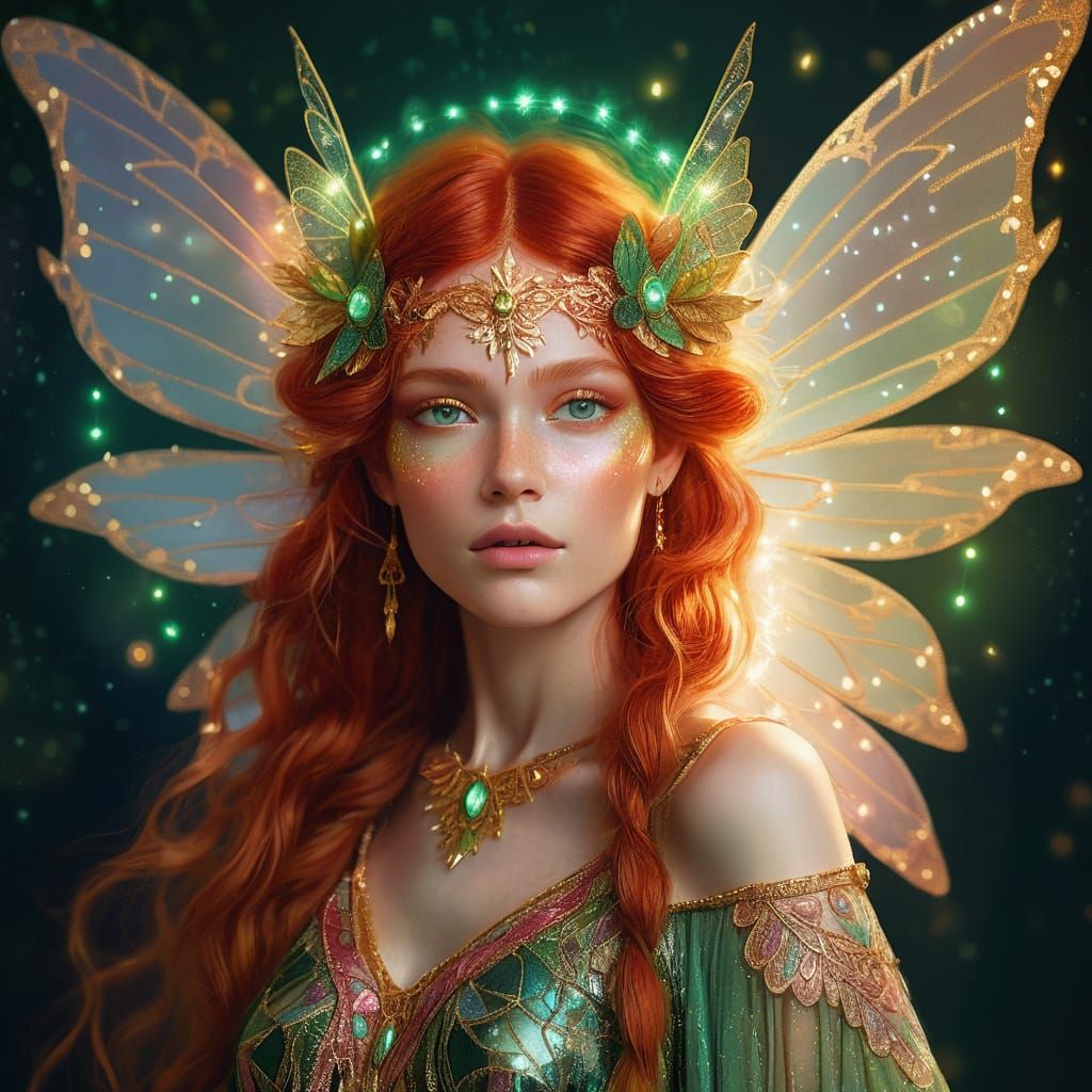 A captivating digital portrait of a celestial fairy with vib...