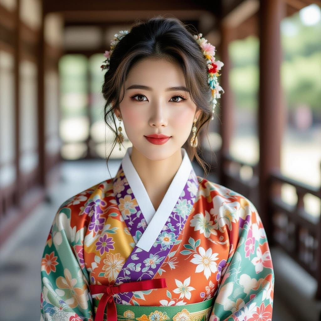 Korean Woman in Vibrant Modern Hanbok Portrait