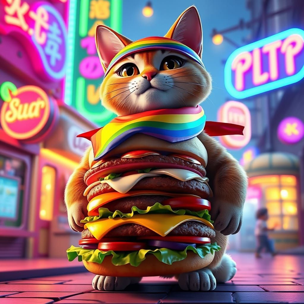 Rainbow Cat Burger in Anime Style