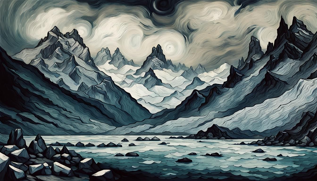 Icy Realm of Giants in Van Gogh Ink Style
