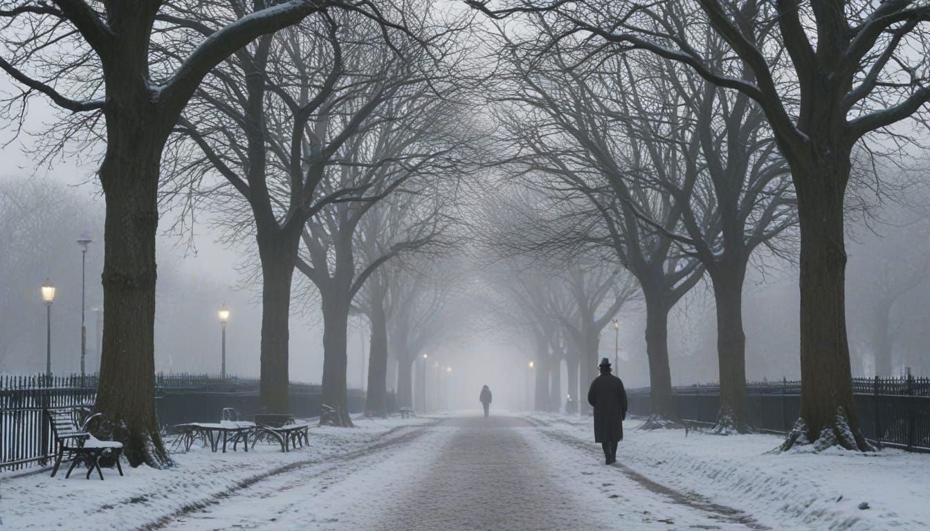 Tranquil Moonlit Scene in London with Frosty Path and Snowy...