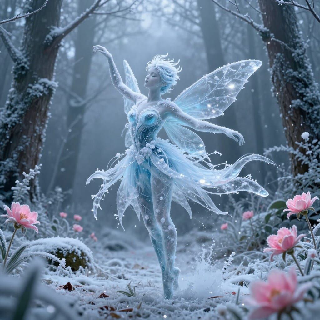 Ethereal Ice Fairy in Frozen Tropical Forest