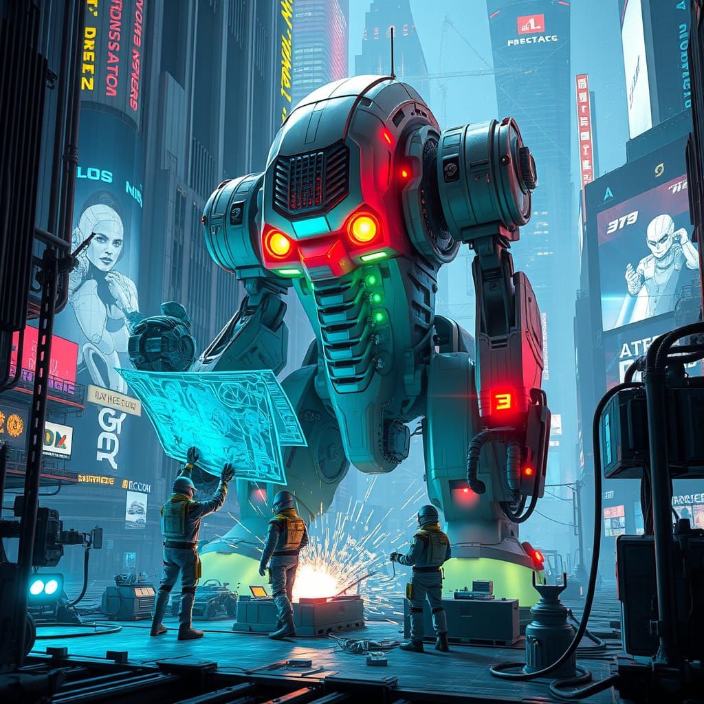 Technicians Repairing Giant Robot in Pixelcore Dystopia