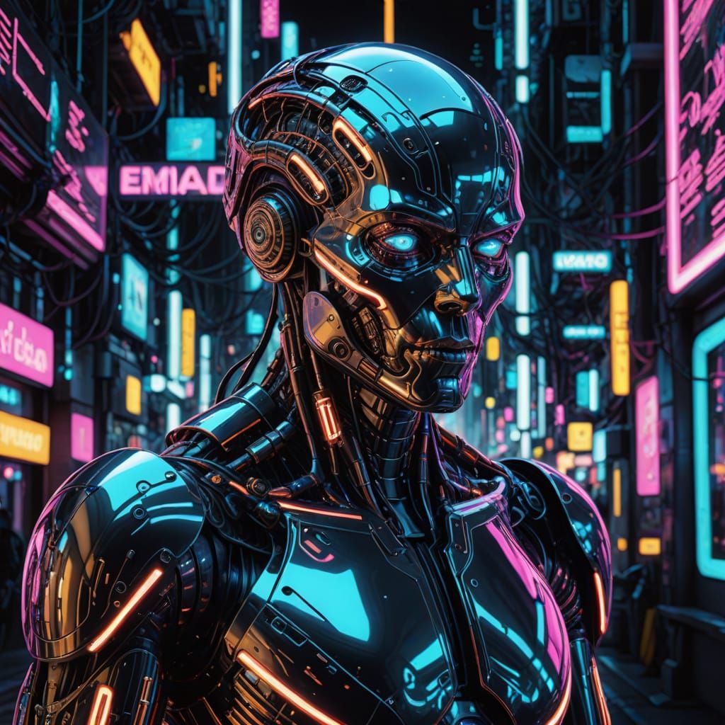 Cyborg in Neon-Lit Futuristic Cityscape