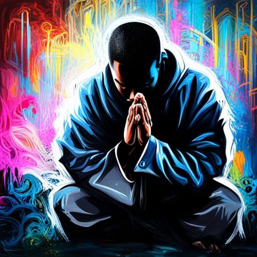 Black Man Praying in Storm: Graffiti Art