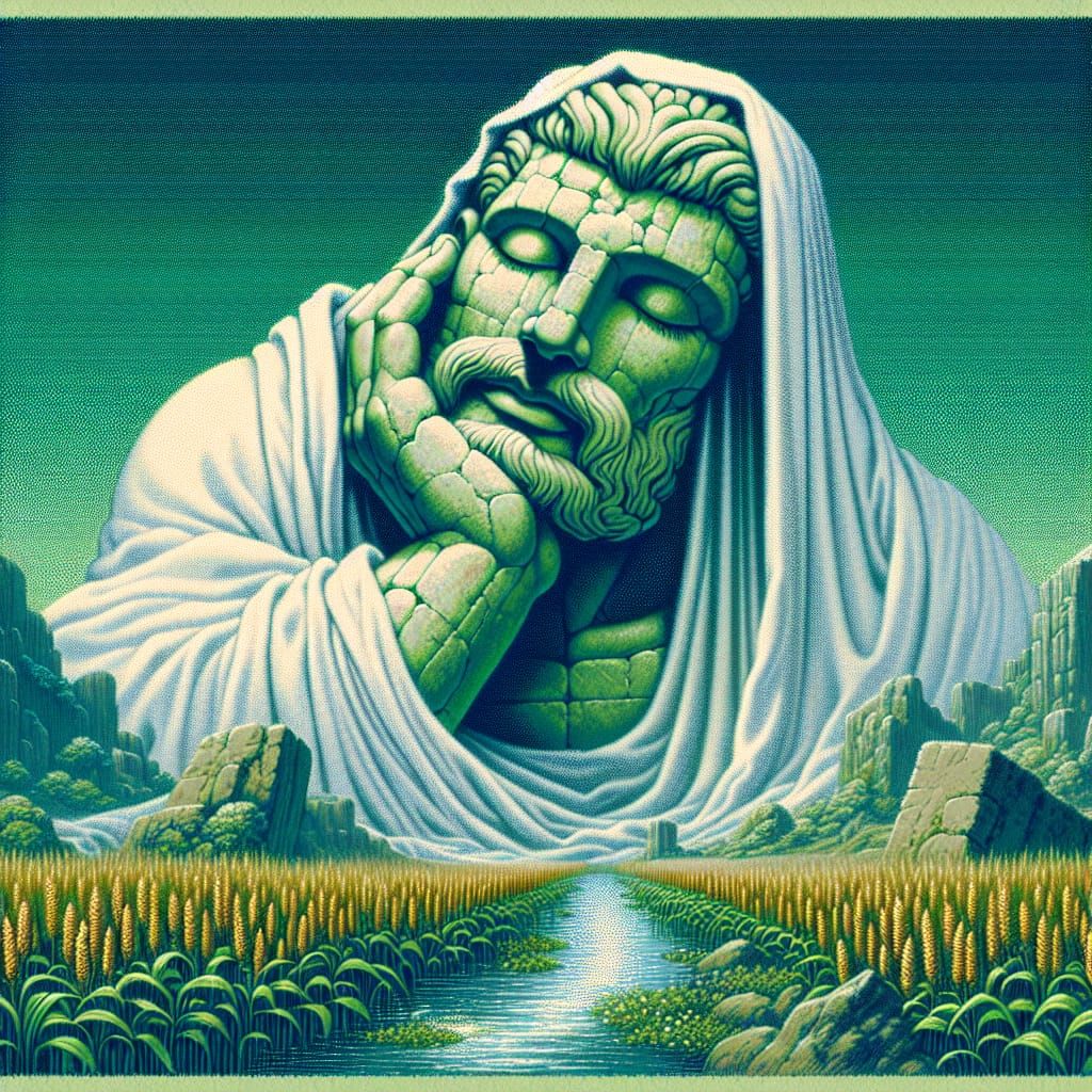 Green Faced Stone Deity in Tarot Card Style