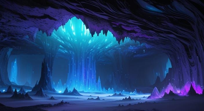 Glowing Cavern With Crystalline Formations and Luminescent F...