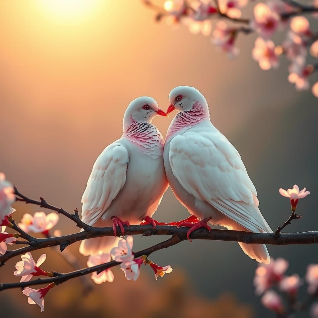 Serene Snow-White Doves on Cherry Blossom Branch in Golden H...