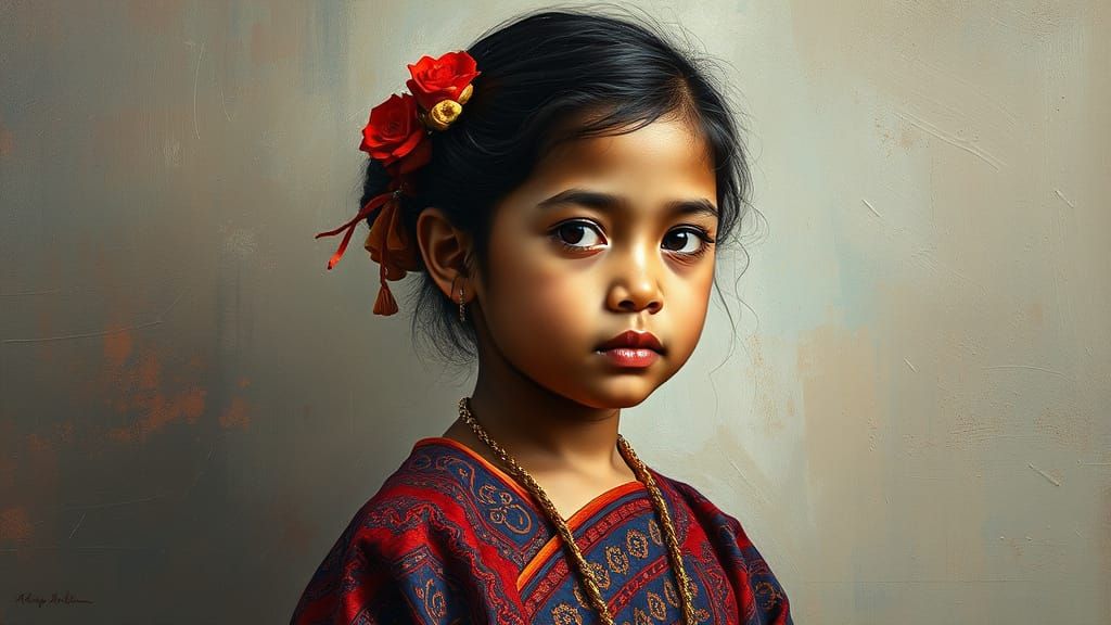Young Girl in Vibrant Dress as Impasto Painting