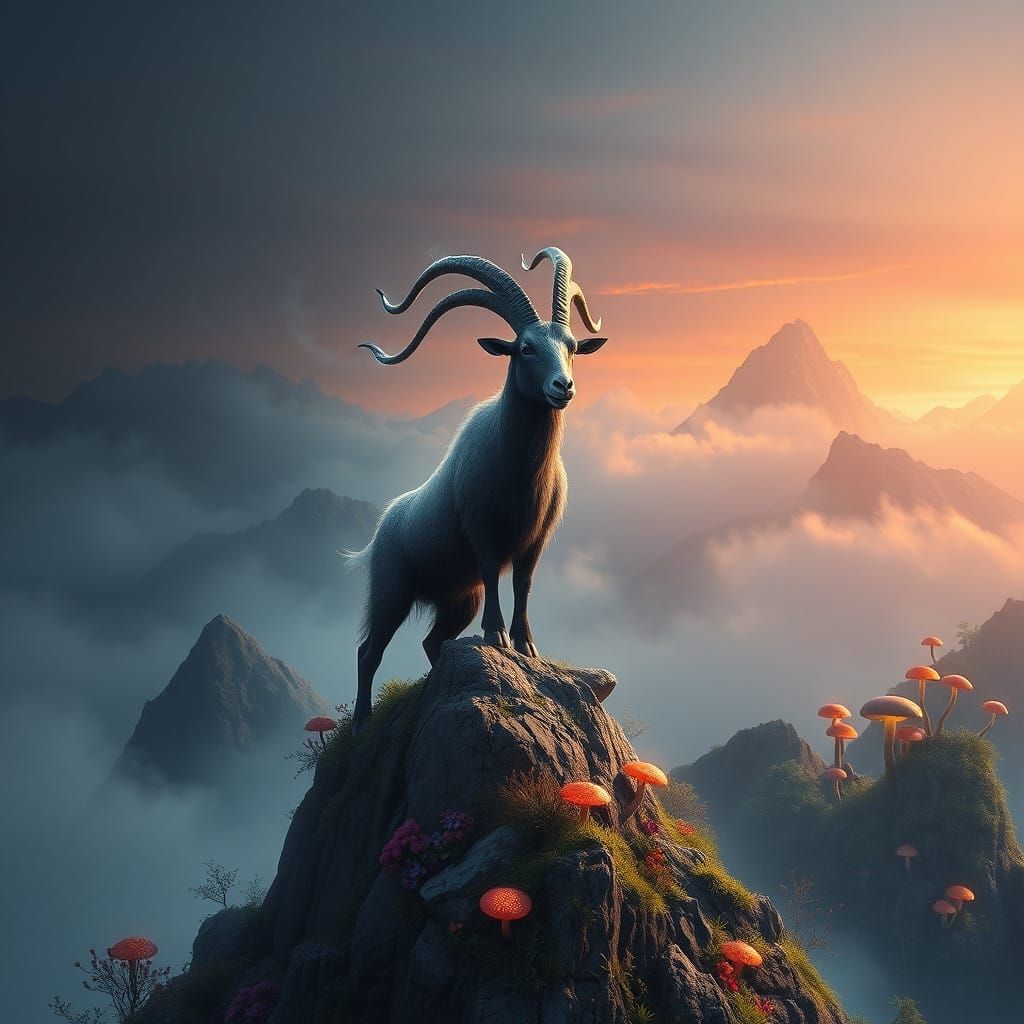 Majestic Goat in Warrior Pose at Dawn