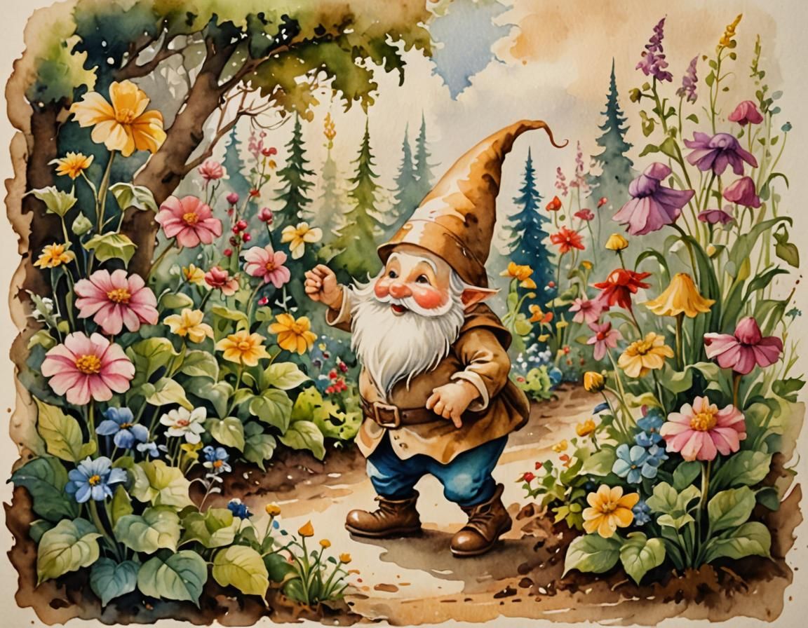 Whimsical Gnome Dancing in a Watercolor Garden