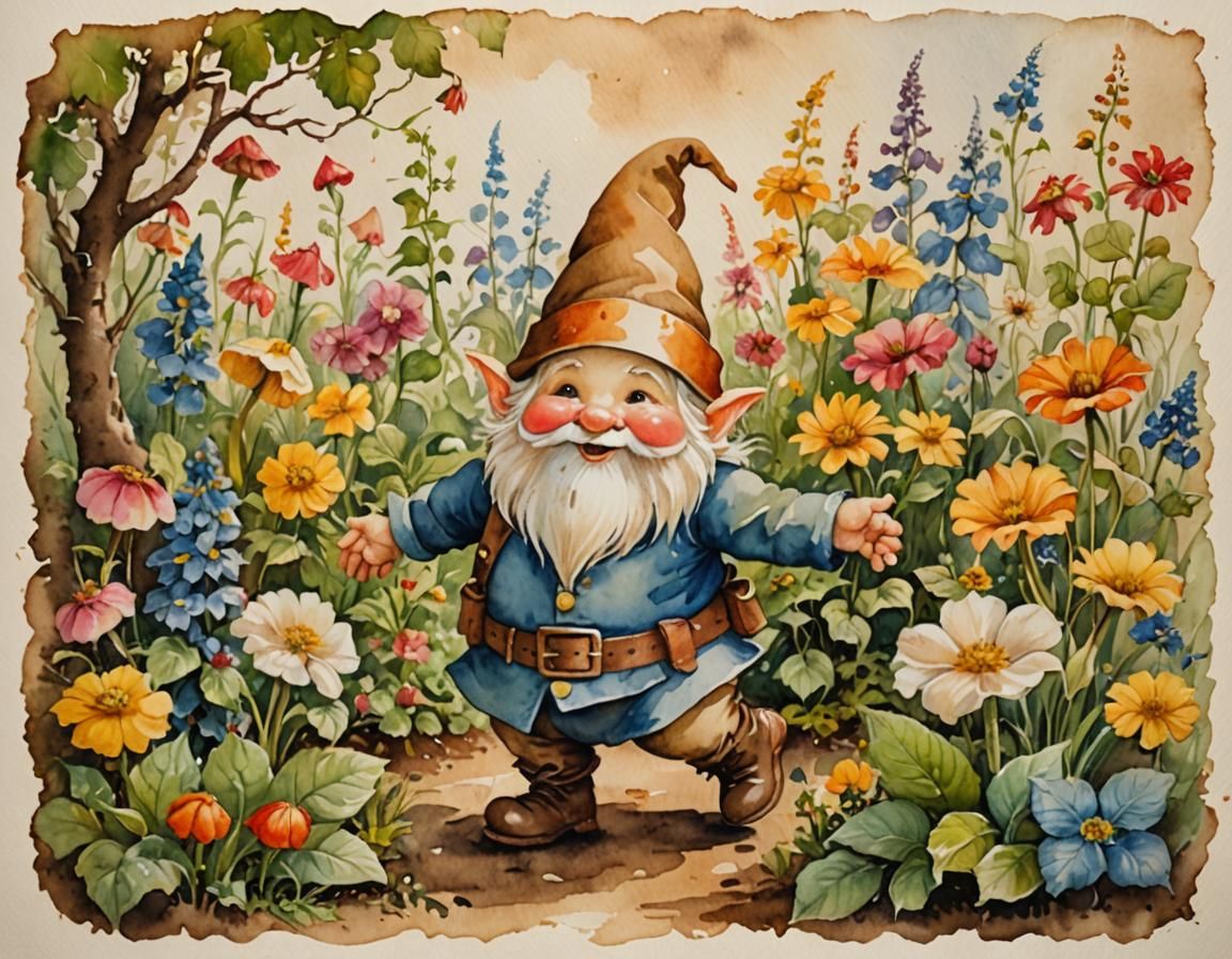 Whimsical Gnome Dancing in Watercolor Garden
