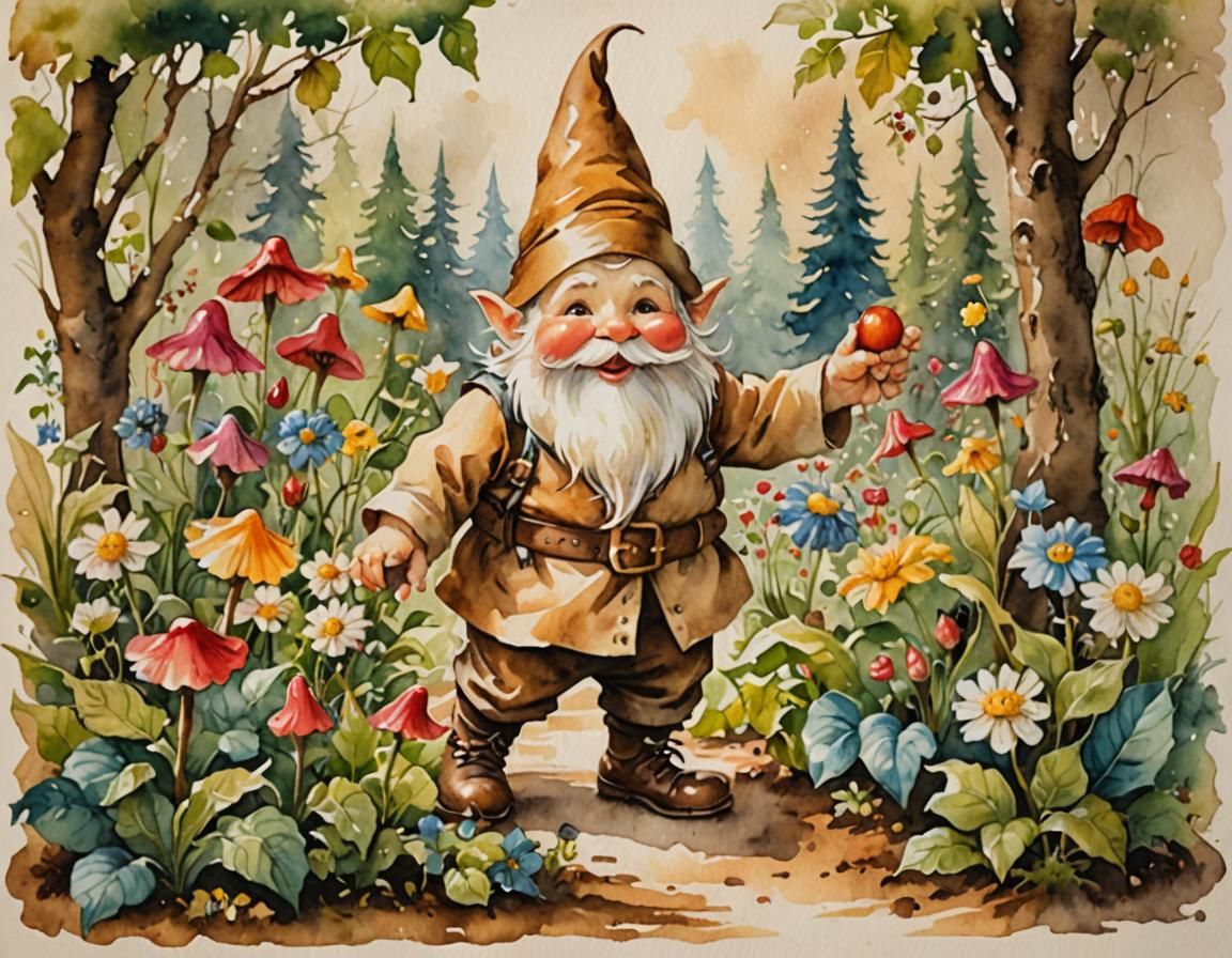 Whimsical Gnome Dancing: Watercolor Garden Scene