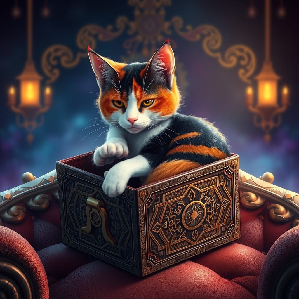 Whimsical Calico Cat in Ornate Box on Velvet Sofa